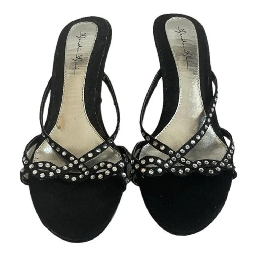 Vintage Marichi Mani Black Silver Rhinestone Leatherette Slip-On Heels Size 6.5